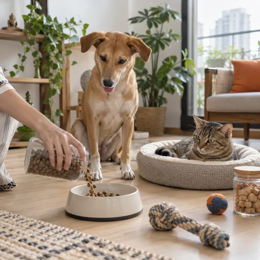 A dog and cat with their food and toys