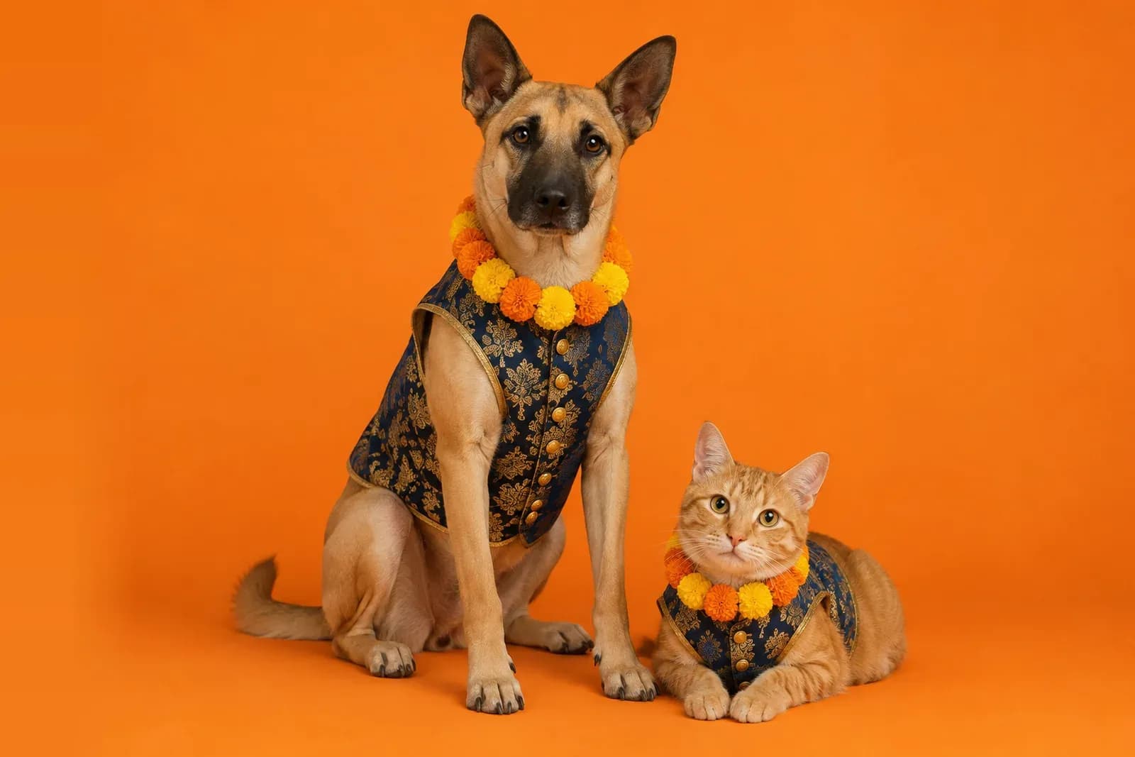 A dog and a cat dressed up with marigold garlands